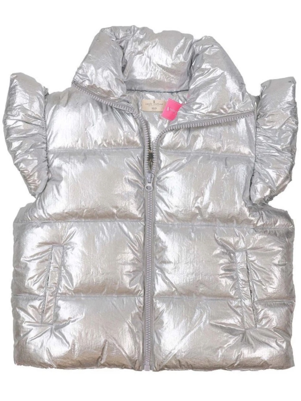NWT! XL-XXL Silver Metallic Puffer Vest with Ruffle Sleeves